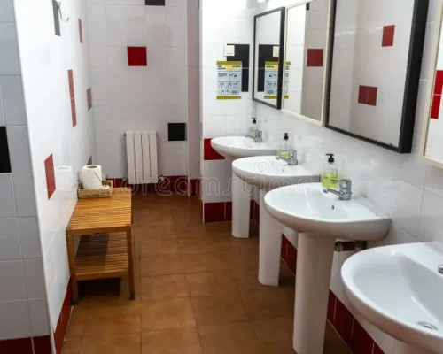 shared-bathroom-bilbao-akelarre-hostel-four-sinks-mirrors-soap-dispensers-bilbao-spain-april-shared-bathroom-bilbao-390220912